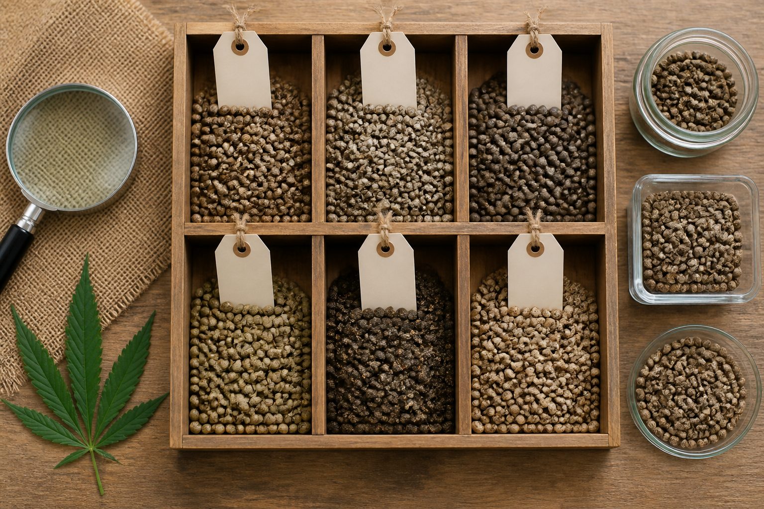 Semillas de cannabis separadas en seis compartimentos con etiquetas en blanco y lupa