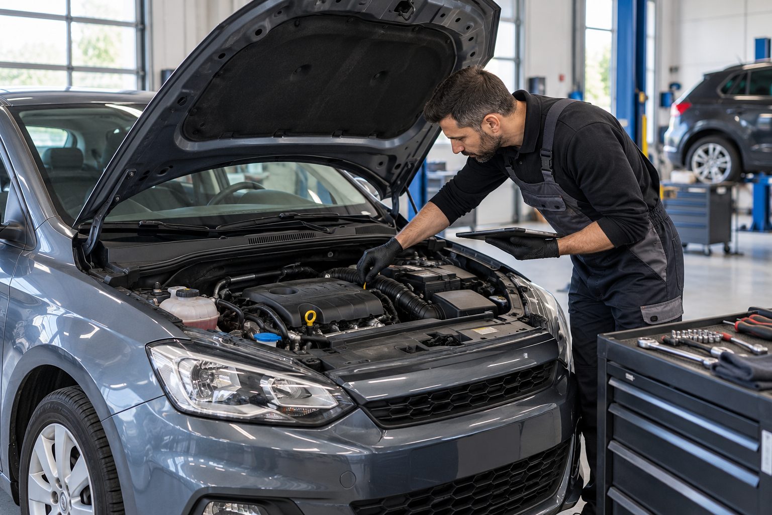 Mecánico inspeccionando el motor de un coche compacto con el capó abierto en un taller