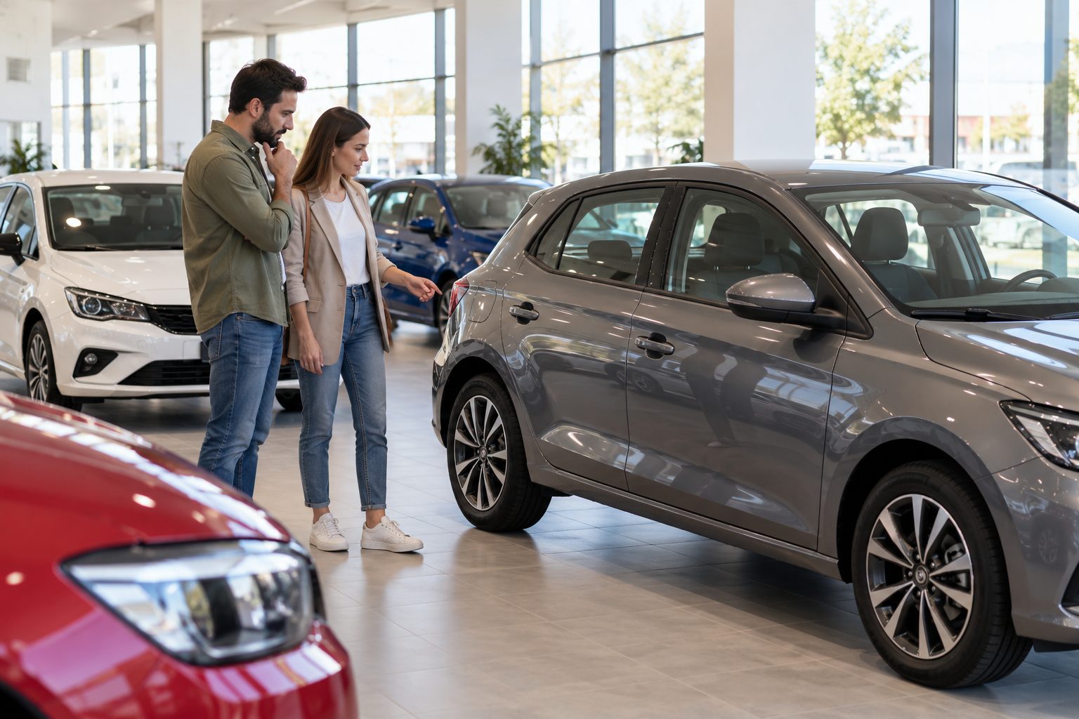 Pareja observando un coche compacto gris en un concesionario con luz natural