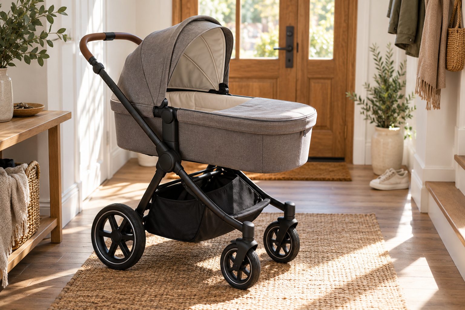 Carrito de bebé con capazo vacío en la entrada luminosa de una vivienda