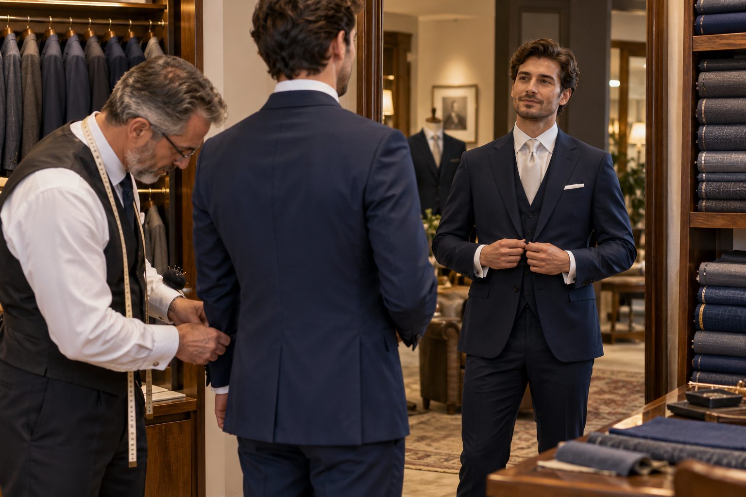 Sastre ajustando la manga de un traje azul marino a un novio frente a un espejo