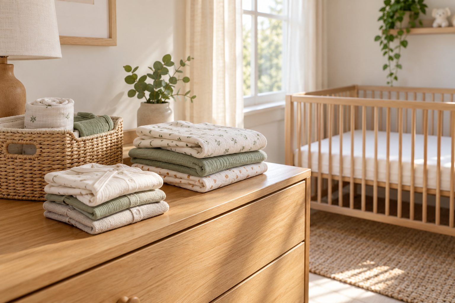 Ropa de bebé doblada sobre una cómoda y cuna vacía al fondo de una habitación luminosa