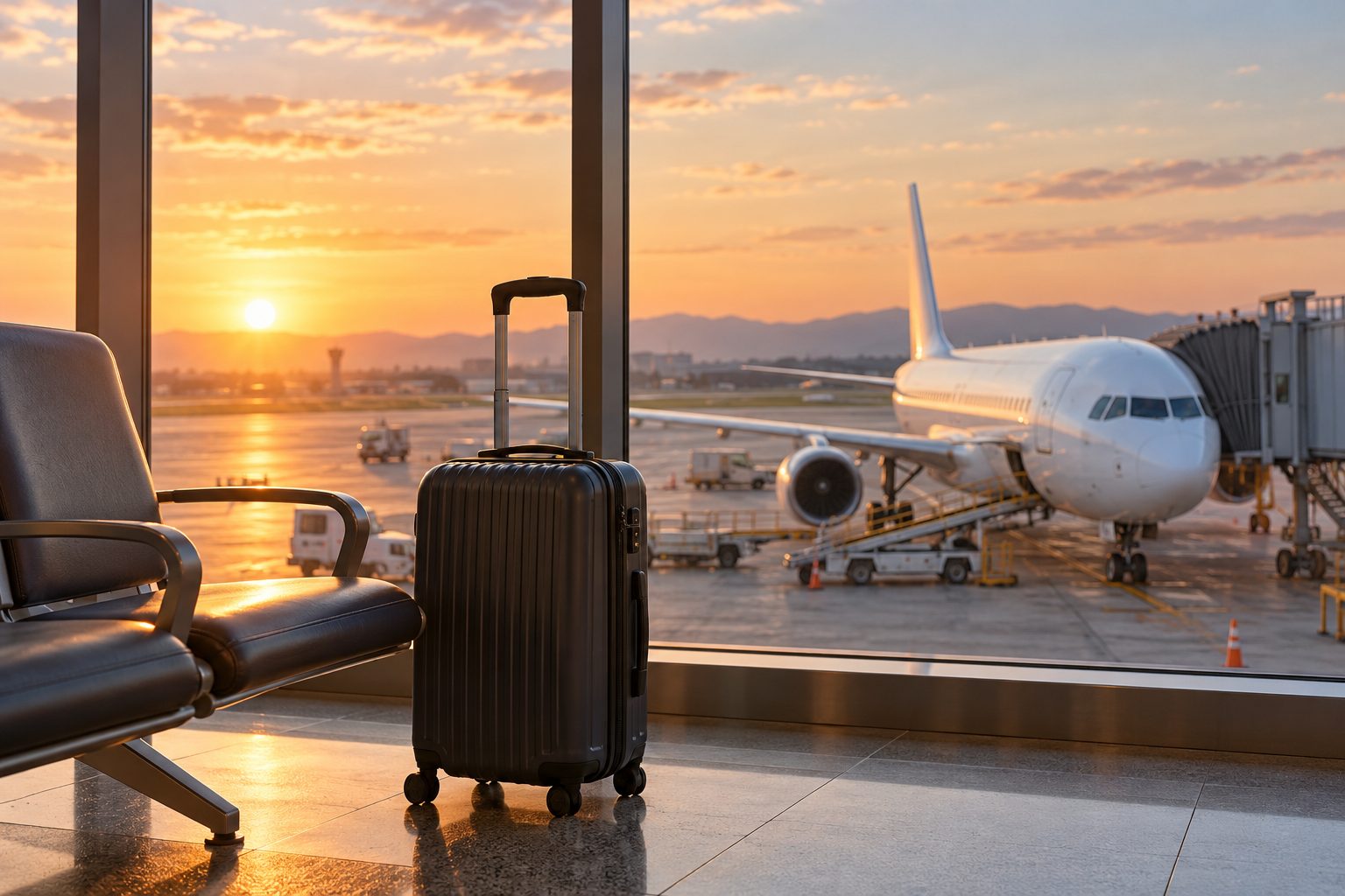 Maleta de cabina junto al ventanal de una terminal con un avión en la plataforma al amanecer