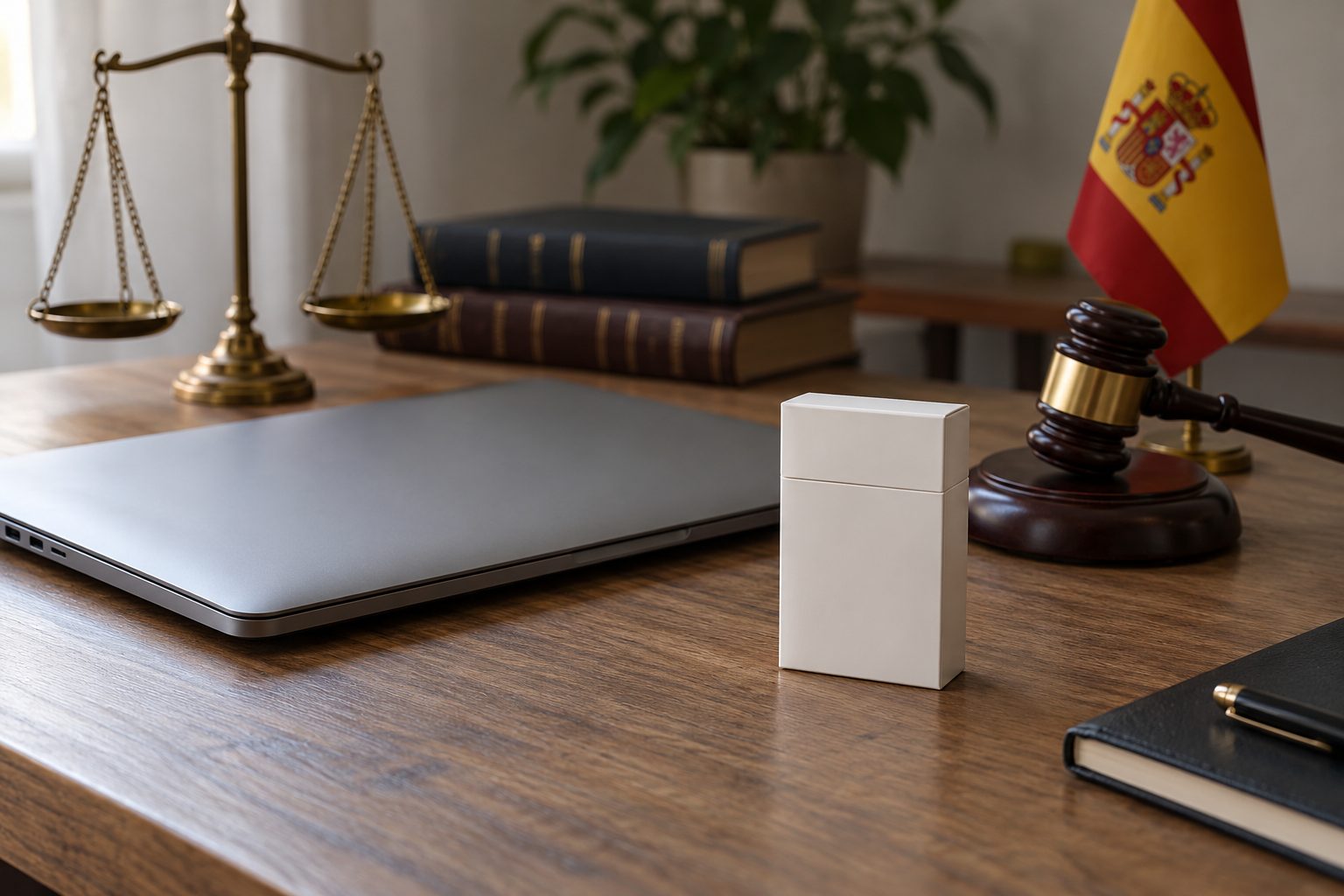 Ordenador portátil cerrado y caja blanca sin marca sobre una mesa con elementos de consulta jurídica