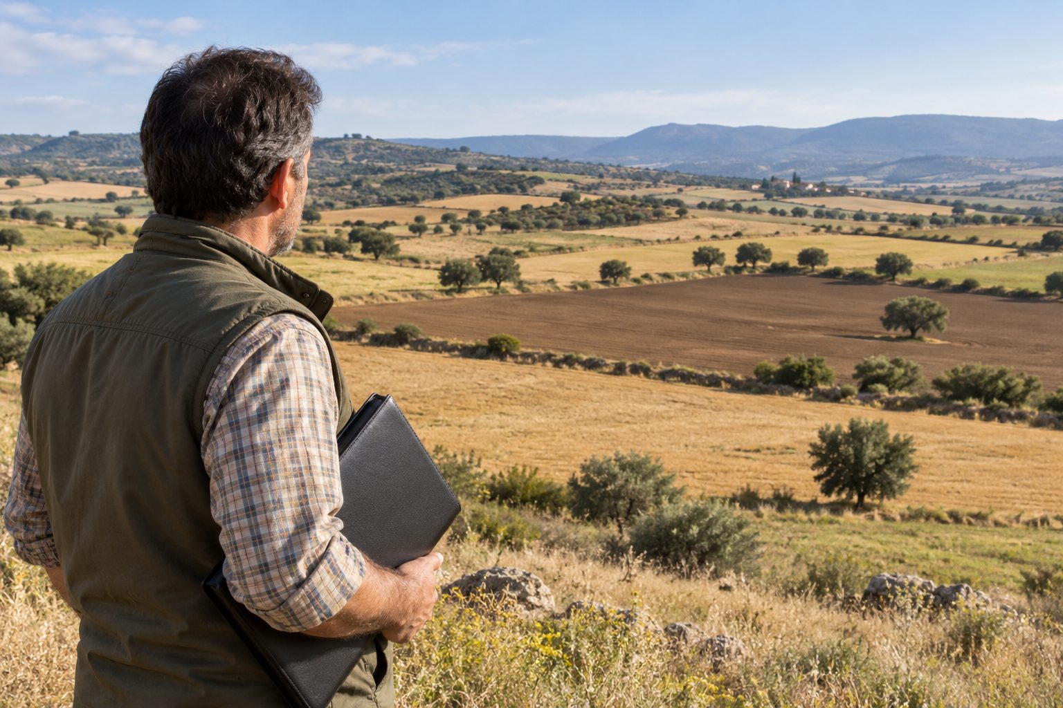 Agricultor observando parcelas de secano desde un camino rural en un paisaje español