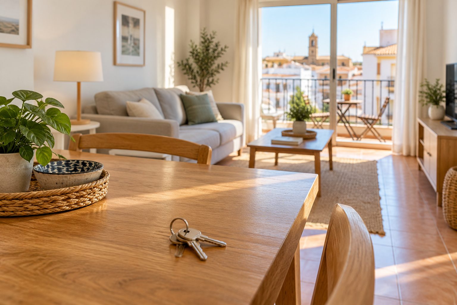 Llaves sobre una mesa en el salón luminoso de un apartamento amueblado