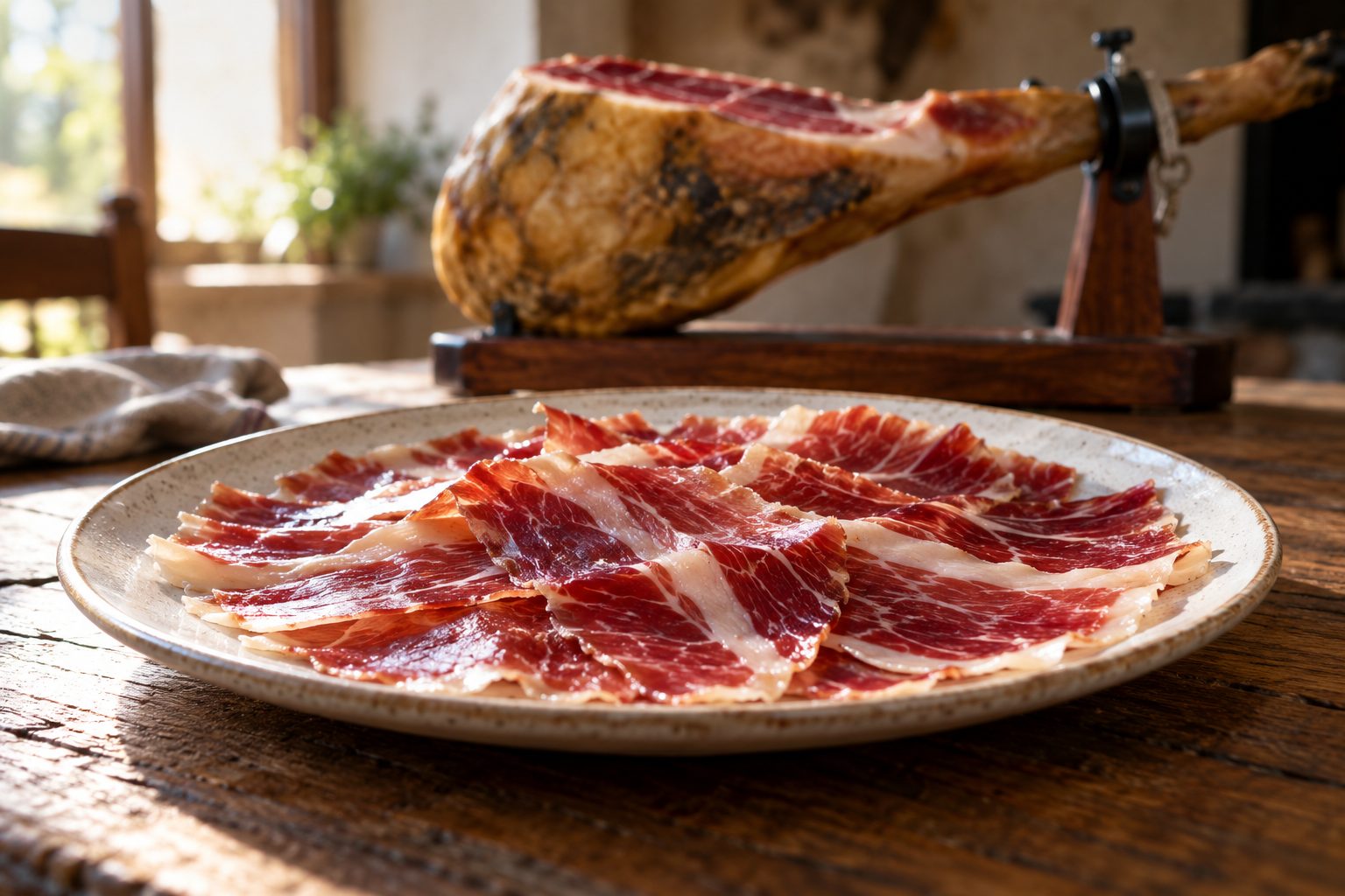 Plato de lonchas de jamón ibérico sobre una mesa de madera con una pieza al fondo